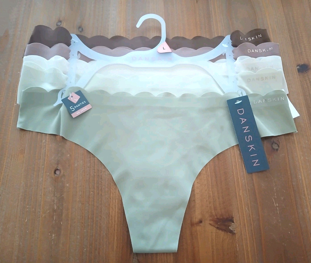 5-Pack Danskin Women's No-Show Scalloped Thong Panties Greens Browns Large